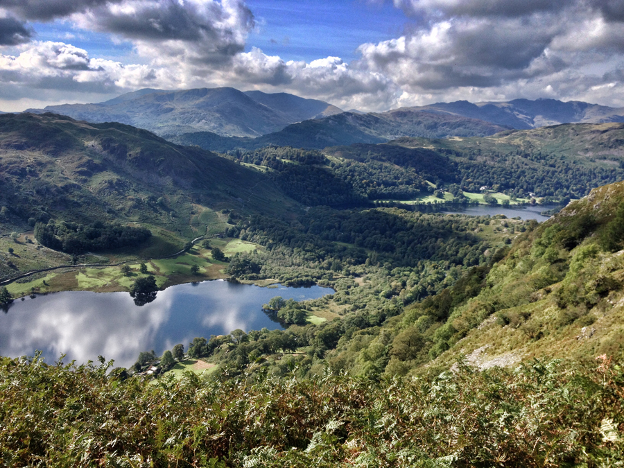 Looking down towards Grasmere (right) and Rydal (left) from Nab Scar. They glitter like crystals. The view (and the steep ascent) is breathtaking.